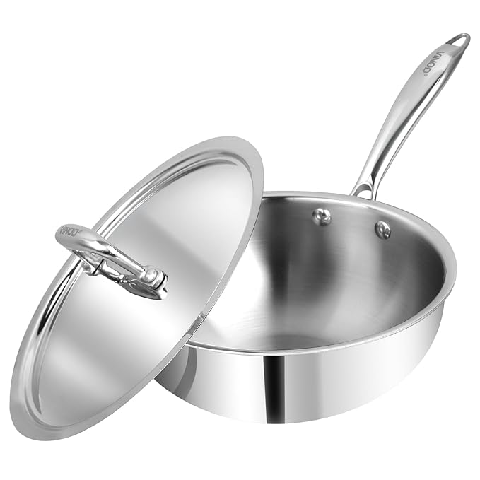 Vinod Platinum Triply Stainless Steel Frypan - 20cm | Deep Skillet Pan with Lid | Rivetted Study Handle | Induction & Gas Base