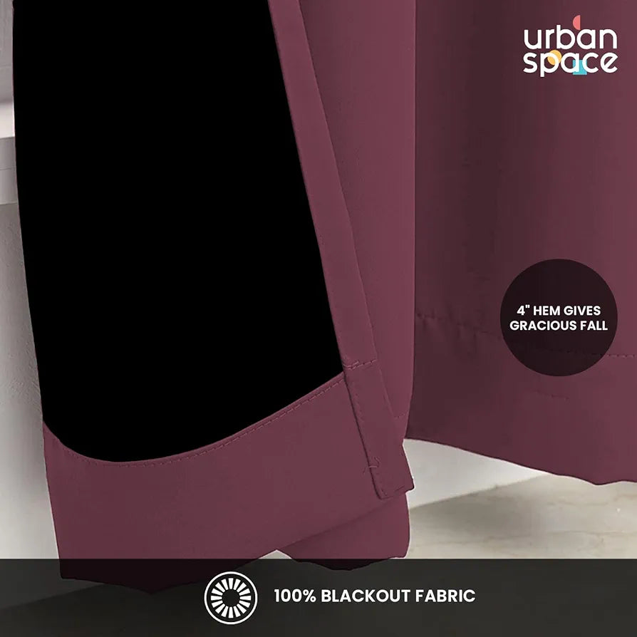 Urban Space 100% Blackout Curtains for Window 5 Feet Set of 2, Thermal Insulated Curtains with Eyelets and Tiebacks, Solid Curtain Mauve Colour