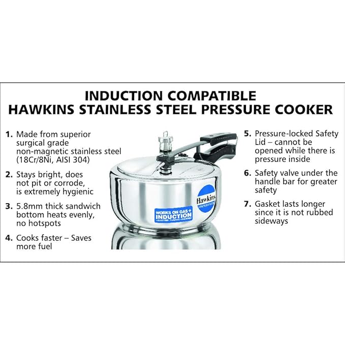 Hawkins 3 Litre Inner Lid Pressure Cooker Stainless Steel Cooker Wide Design Induction Cooker Silver