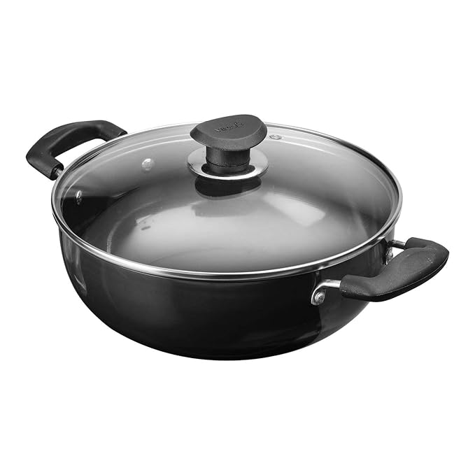 Vinod Black Pearl Plus Hard Anodised Deep Kadhai with Lid - 2.6 Litre, 22 cm | 3.25mm Thick | Natural Stick Free Kadai