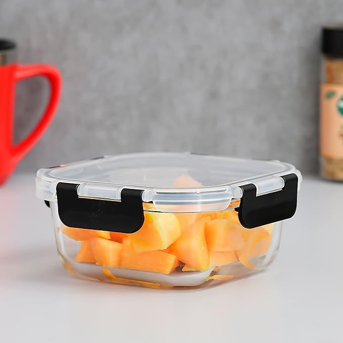 Femora Borosilicate Square Glass Container With Dectahable & Break Free Lid | Black Color | 500 Ml  Set of 3