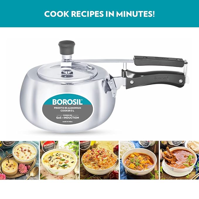 Borosil Pronto Induction Base Inner Lid Aluminium Pressure Cooker | 3.6 Mm Thick Base | 3 Litres | Silver
