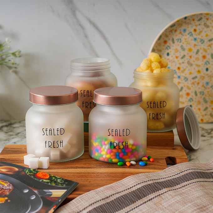 Femora Kitchen Storage Jars Frosted Glass Jar With Steel Lid Air Tight Jar | 700 Ml | Pack of 4 | Golden Lid