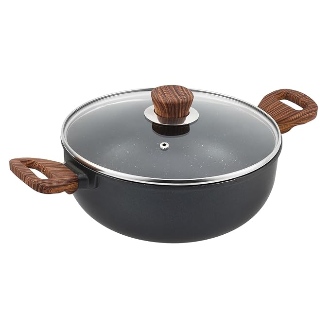 Vinod Zest Plus Die Cast Aluminium Kadhai with Glass Lid - 4 litre | Kadai for Cooking | 5mm Thick | 5 layer Coating