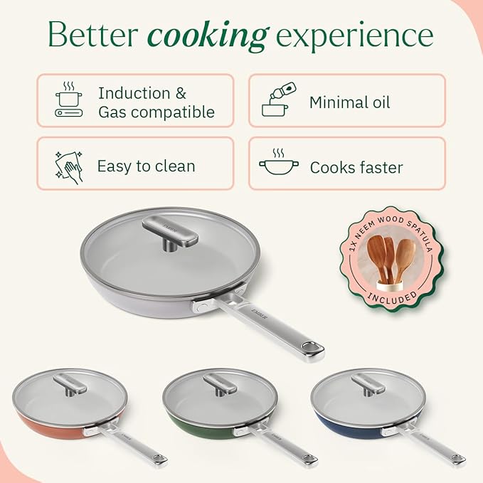 Ember Cookware Arcilla Ceramic Non-stick Egg Pan 20cm | Glass Lid | Stainless Steel Handle | Grey