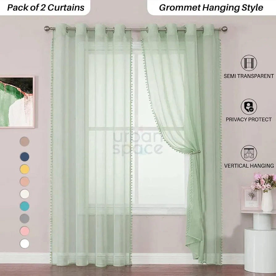 Urban Space Linen Textured Sheer Curtain for Door Room Darkening, Decorative Curtains Hanging Style Set of 2 Curtains Mint Green with pom pom