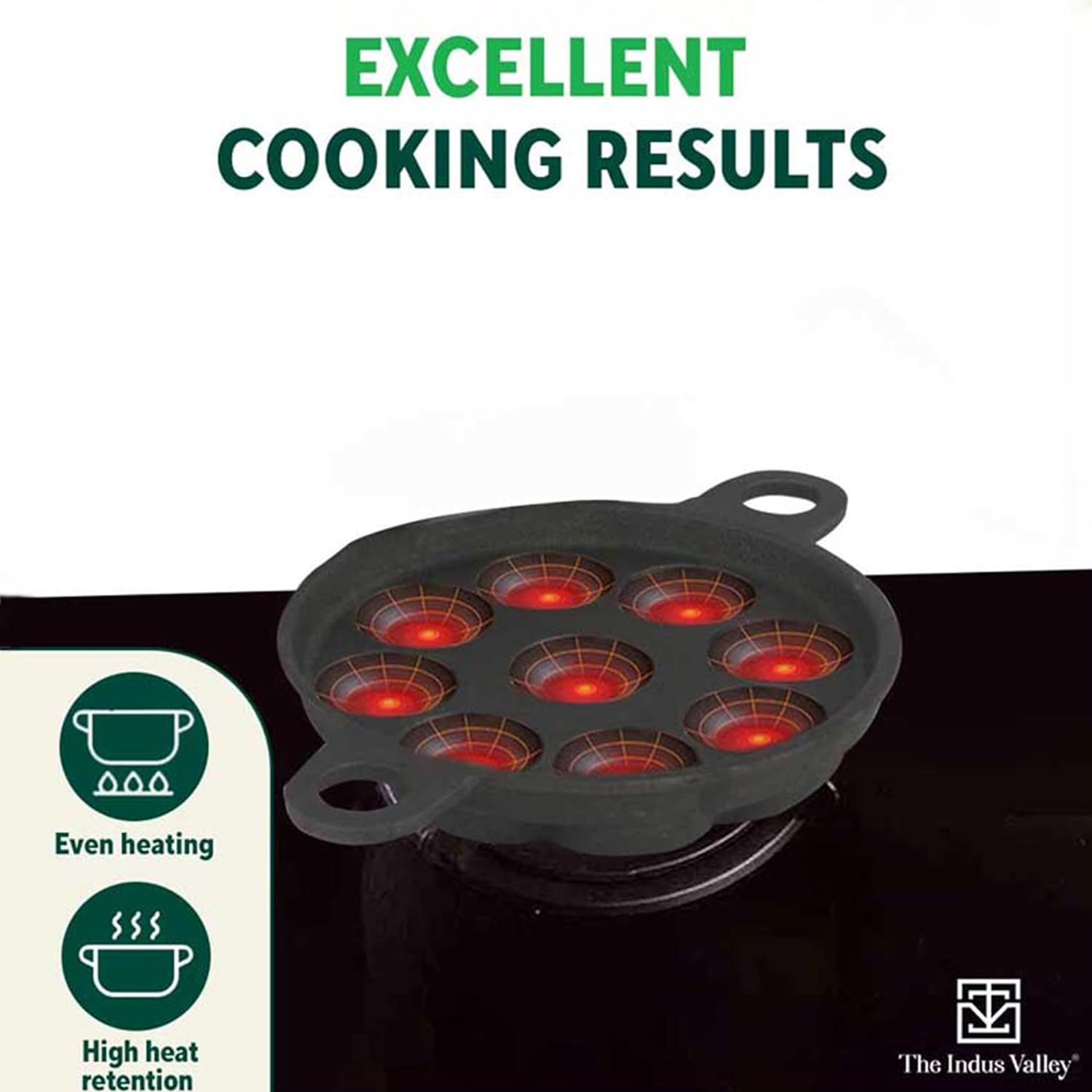 The Indus Valley Super Smooth Cast Iron Paniyaram Pan with Glass Lid | 9 Pit | 20.8cm/8.2inch | 2.7kg | Gas Compatible
