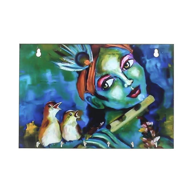 Ecraftindia Shree Krishna Theme Wooden Key Holder With 6 Hooks