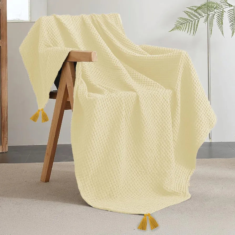 Urban Space Cotton Waffle Throw Blanket, Soft Decorative Throw for Living Room, Sofa, Chair and Couch, Handmade,Reversible and Breathable Throw 200 TC Waffle Beige