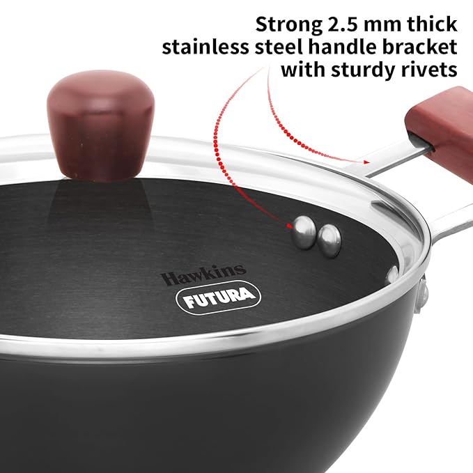 Hawkins Futura 2 litre Deep Kadhai, Induction Deep Fry Pan Hard Anodised Kadai with Glass Lid