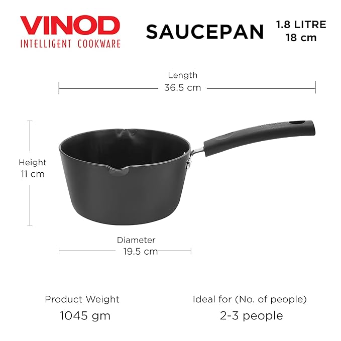 Vinod Black Pearl Hard Anodised American Non Stick Saucepan - 1.8 litre, 18cm | 3.25mm Thickness | Metal Spoon Friendly | Easy to Pour