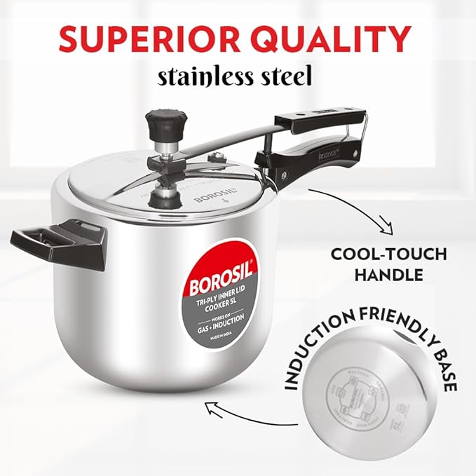 Borosil Triply Induction Base Inner Lid Stainless Steel Pressure Cooker | 5 Litres