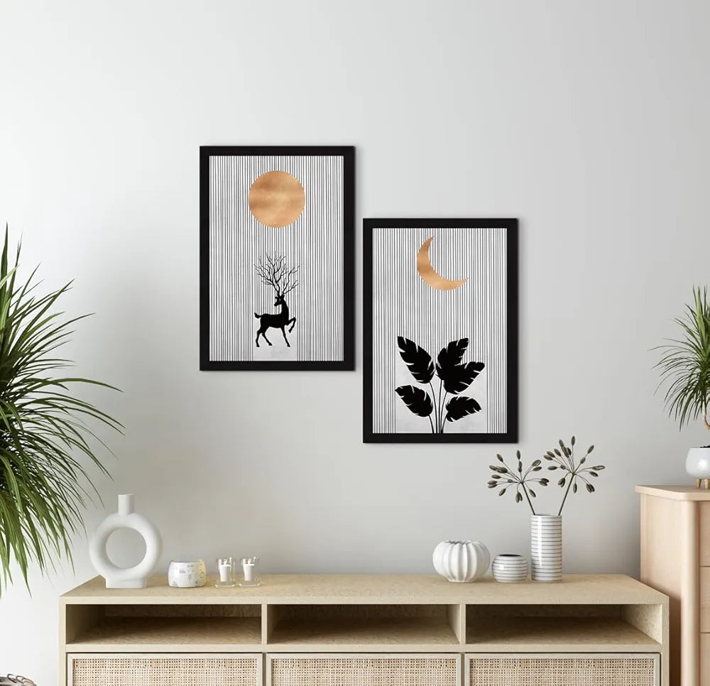 ArtX Paper Boho Aesthetic Wall Decor Paintings with Frame AXII-21-LEF Set Of 2