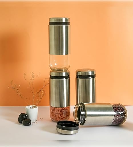 Femora Kitchen Storage Jars Steel Body With See Through Bottom Jar | 900 Ml | Pack of 4