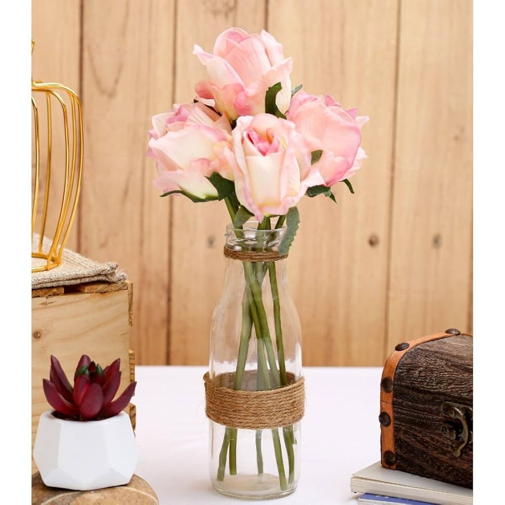 Satyam Kraft 7 Pcs Artificial Rose Stick Flower Bunch for Home Decoration and Craft Corner Light Pink