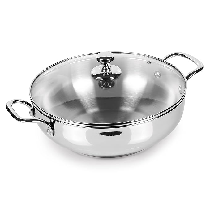 Milton Pro Cook Stainless Steel Sandwich Bottom Kadhai with Glass Lid, 24 cm / 2.71 litres - 1400 gms