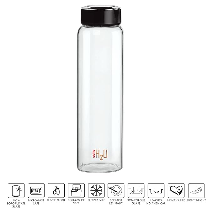 Cello H2o Borosilicate Glass Water Bottle | 1000ml | Black