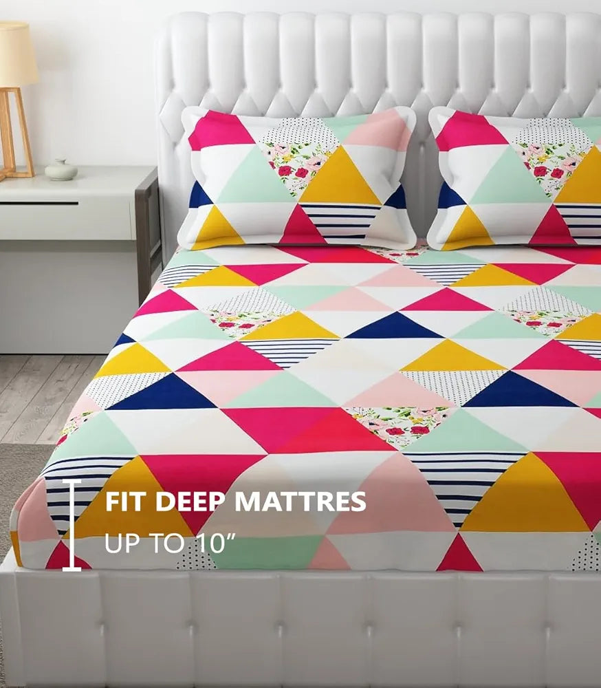 Fresh From Loom Soft Glace Cotton Fitted Bedsheet King Size Bed With Two Pillow Cover Elastic Fitted 144 TC Trangle Multi