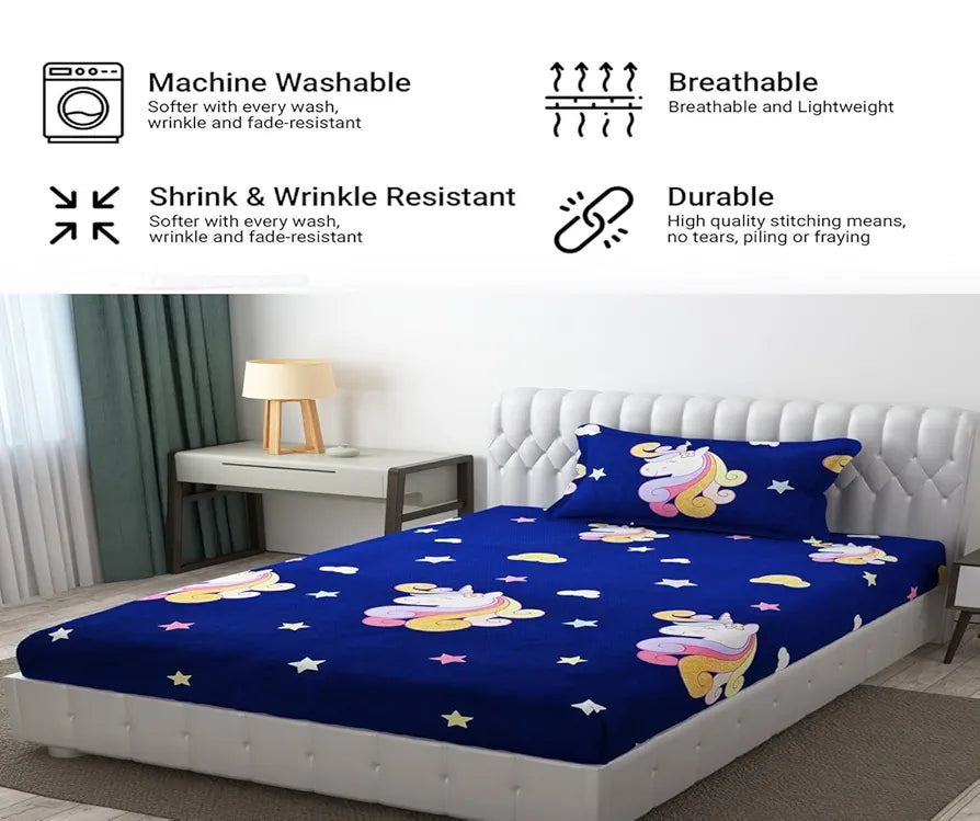 Fresh From Loom Glace Cotton Bed Sheet Cartoon Printed Single Bedsheet Size for Kids with 2 Pillow Cover 144 TC Dinosaur Blue