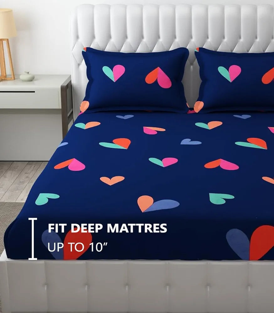 Fresh From Loom Soft Glace Cotton Fitted Bedsheet King Size Bed With Two Pillow Cover Elastic Fitted Solid Bed Sheets 144 TC Heart Blue