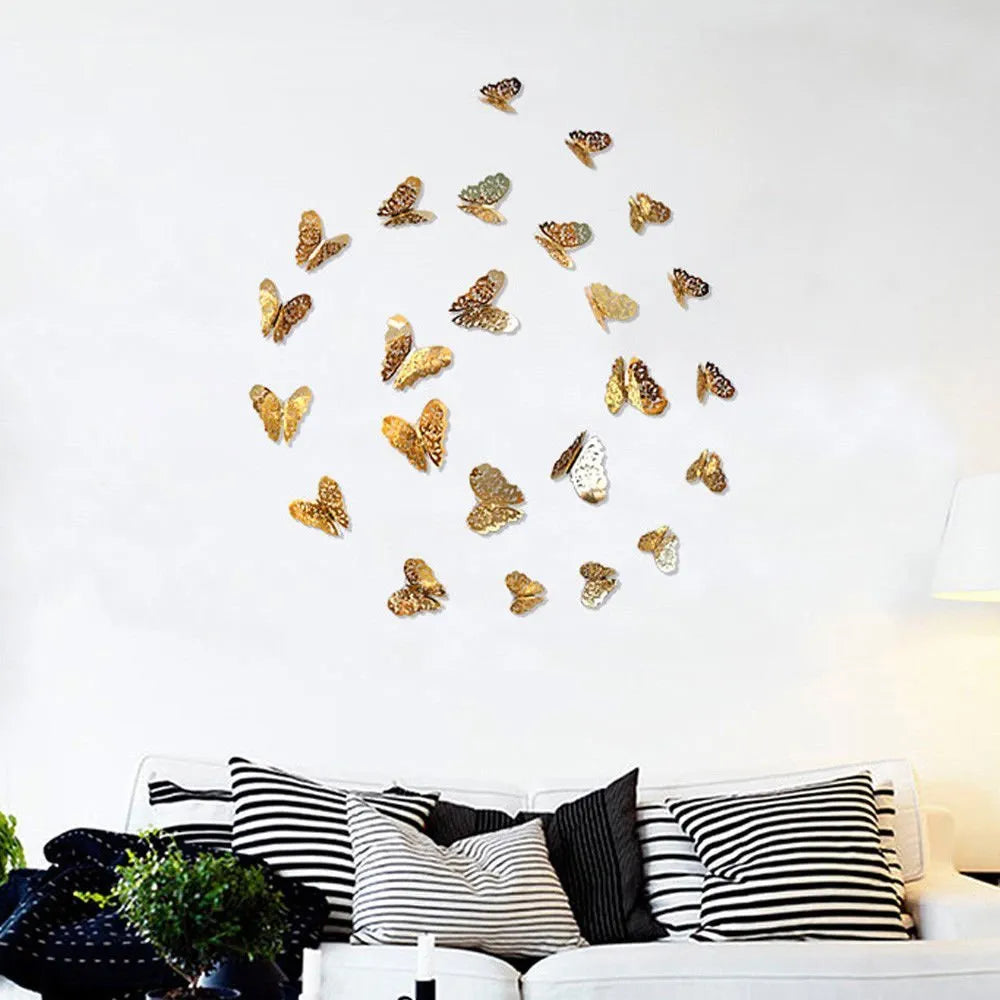 Xtore 12pcs 3D Home Decor Butterfly with Sticking Pad Golden