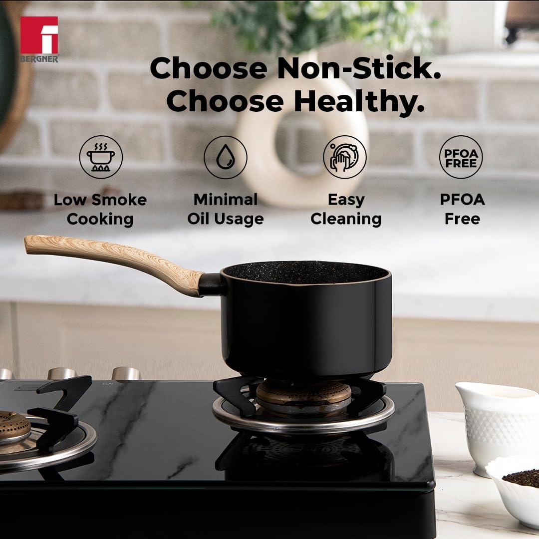 Bergner Bellini Plus Aura 5-layer Non-stick 16 Cm Saucepan, 1.8 Litres Sauce Pan With Soft Touch Wooden Finish Handle