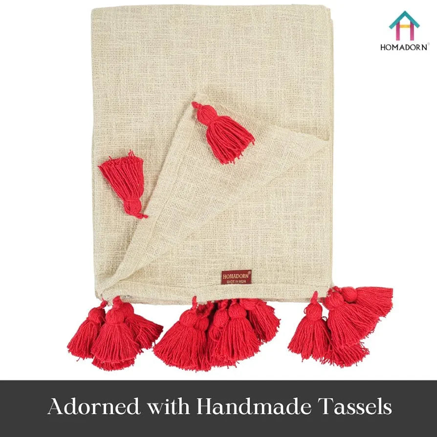 Homadorn 100% Cotton Off White Throw Blanket with Handmade Colorful Tassel Colour Red