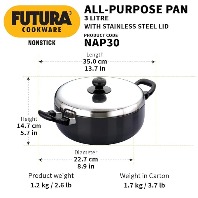 Hawkins Futura Nonstick All Purpose Pan 3L, 22 cm, 3.25 mm with SS Lid (Black)