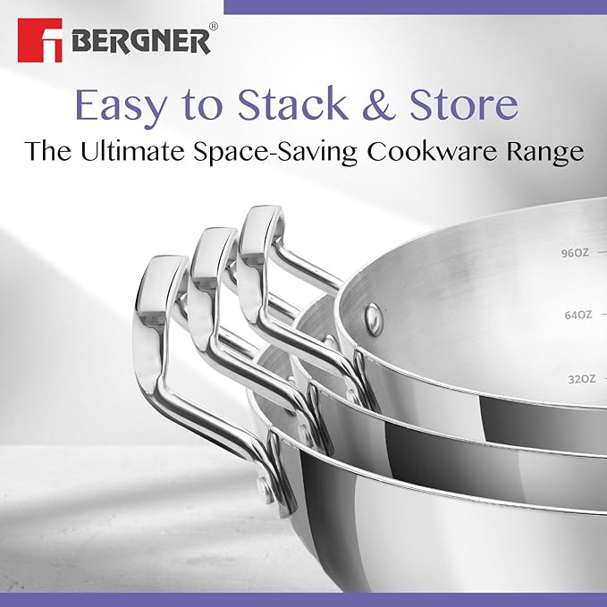 Bergner Be Essential Triply Stainless Steel 28 Cm Extra Deep Kadai | Indian Wok | 4 L Kadhai