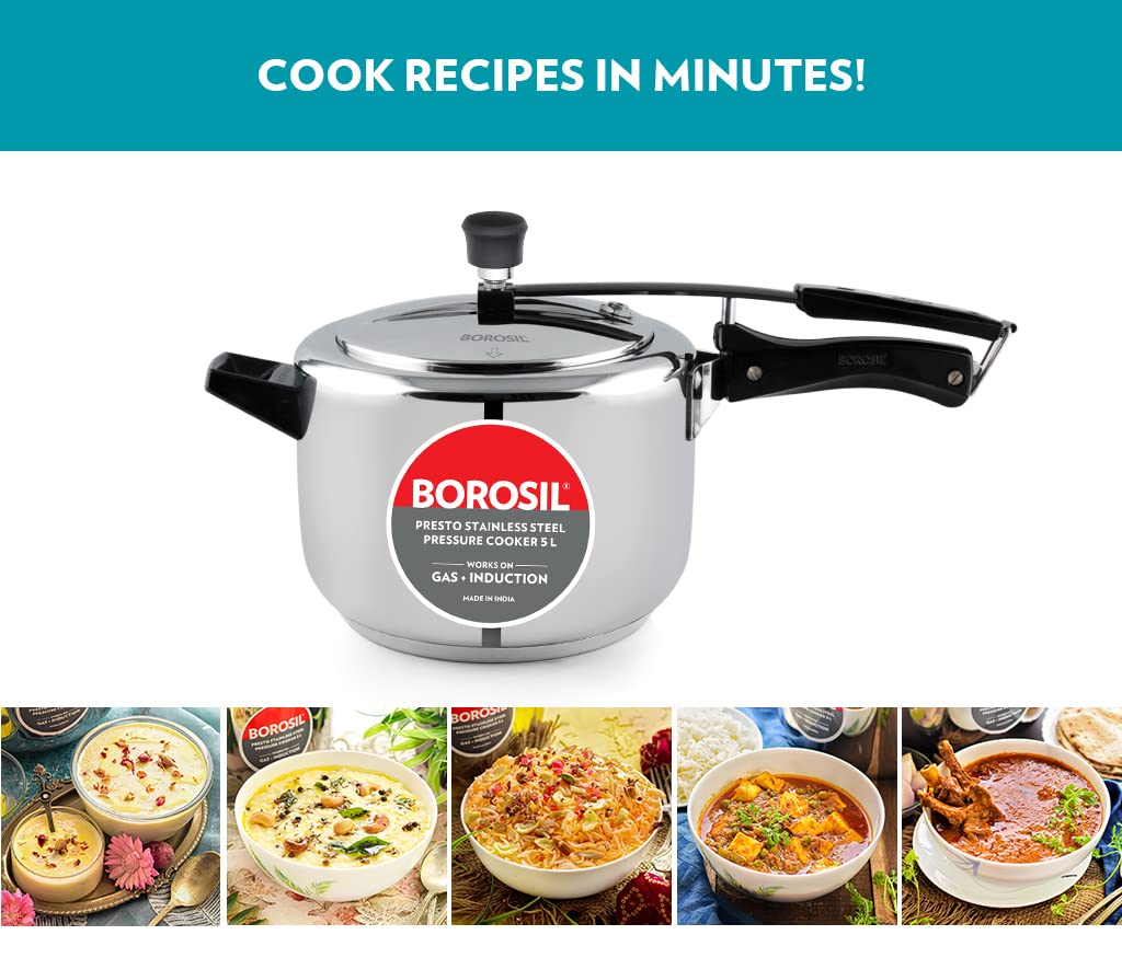 Borosil Presto Induction Base Stainless Steel Inner Lid Pressure Cooker | 5 Litres