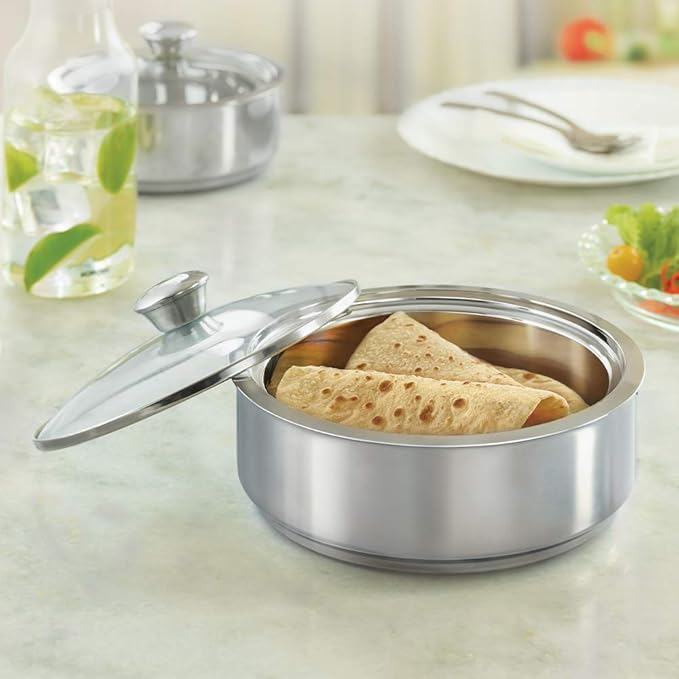 Borosil 2.5 L Stainless Steel Insulated Roti Server | Odur Proof, Food Grade, Toughned Glass Lid, Puf Insulated | Chapati Casserole
