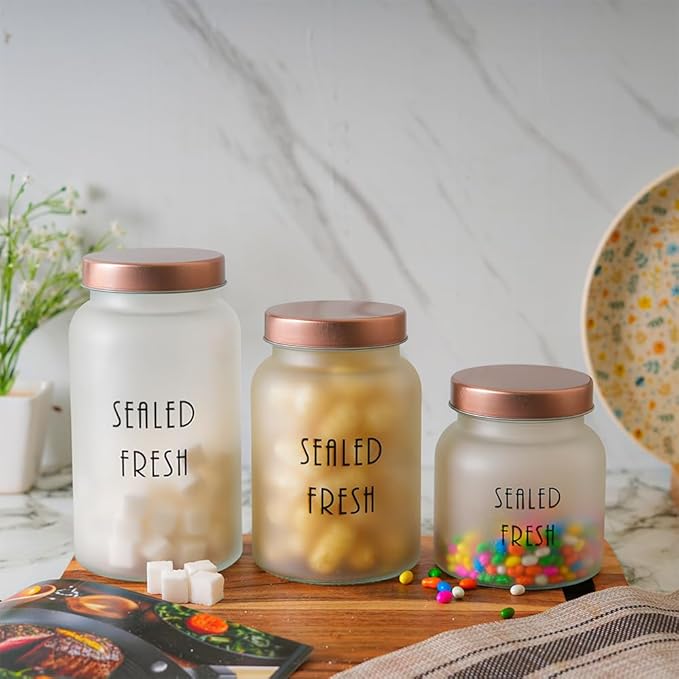 Femora Kitchen Storage Jars Frosted Glass Jar With Steel Lid Air Tight Jar | 1500 Ml | Pack of 1 | Golden Lid