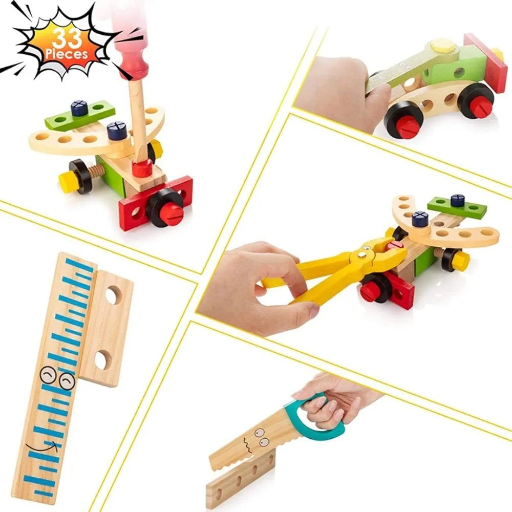 NESTA TOYS - Wooden Tool Kit Set with Tool Box | Pretend Play Portable Construction Tools Kit Toys for Kids | 33 Piece 