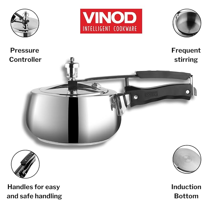 Vinod Europa Stainless Steel Inner Lid Pressure Cooker - 3.5 Litre | Handi Shape | Sandwich Bottom Cooker