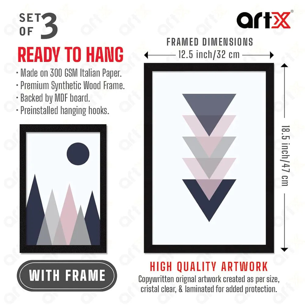 ArtX Paper Aesthetic Geometric Patterns Wall Painting Big Size Framed Painting Set Of 3