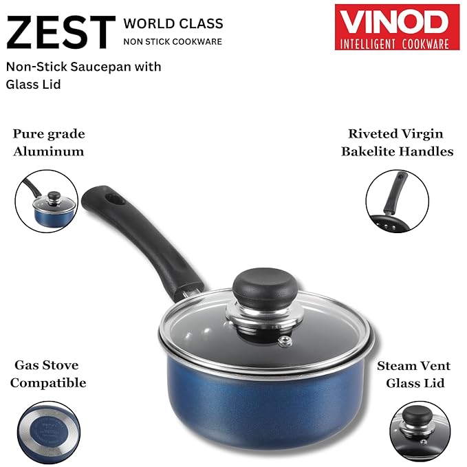 Vinod Zest Aluminium Non Stick Saucepan with Glass Lid - 1.6 Litre, 16cm | Milk/Tea Pan | Sauce Pot with Lid | 3mm Thick | 3 Layer Coating
