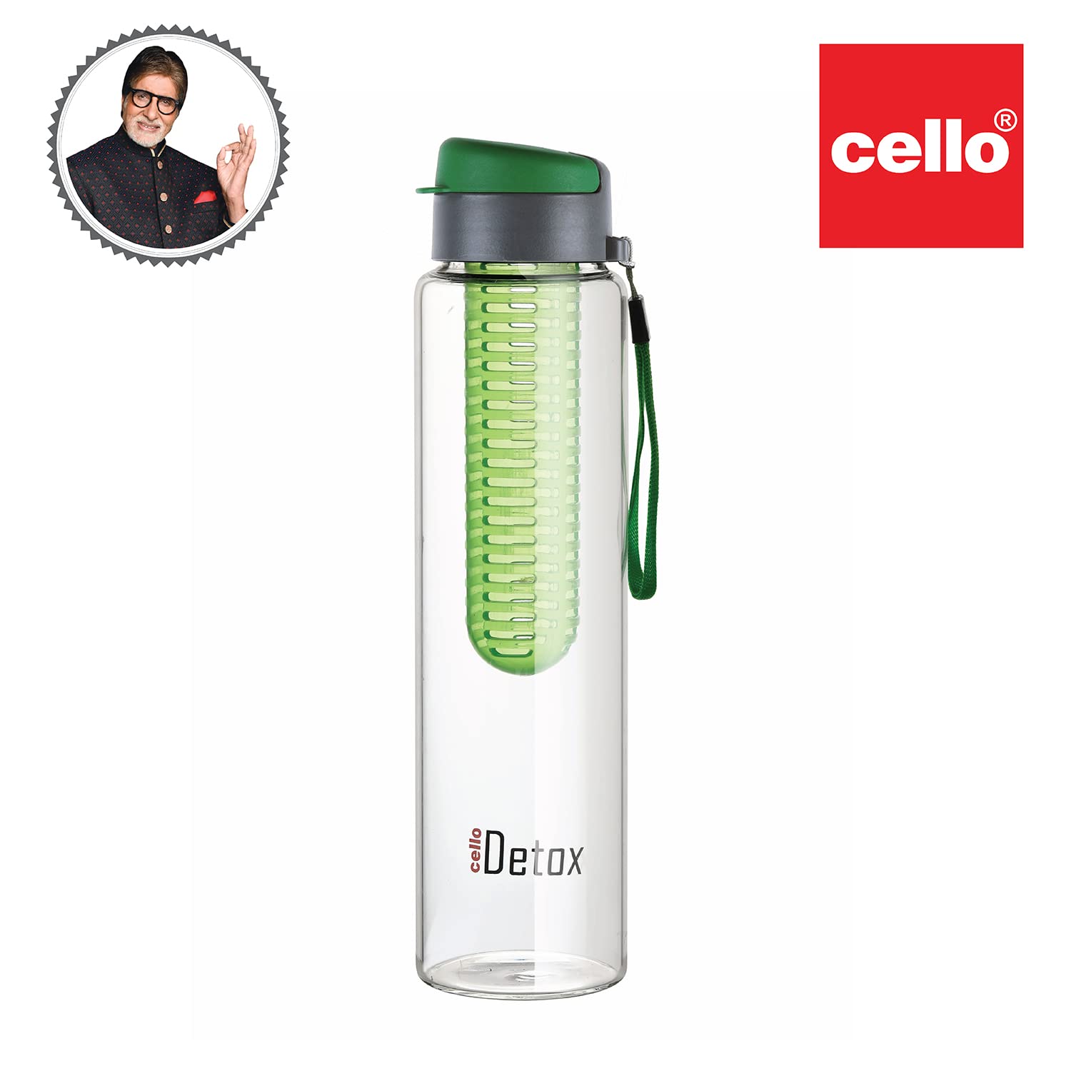 Cello Detox Fruit & Tea Infuser Glass Water Bottle| Wide Cap Sealed With Flip Top | 720 Ml