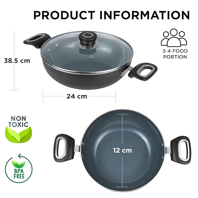 Vinod Zest Ceramica Kadai with Glass Lid - 2.5 Litre (24 cm) | Natural Stick Free Deep Kadhai | Stylish Handle