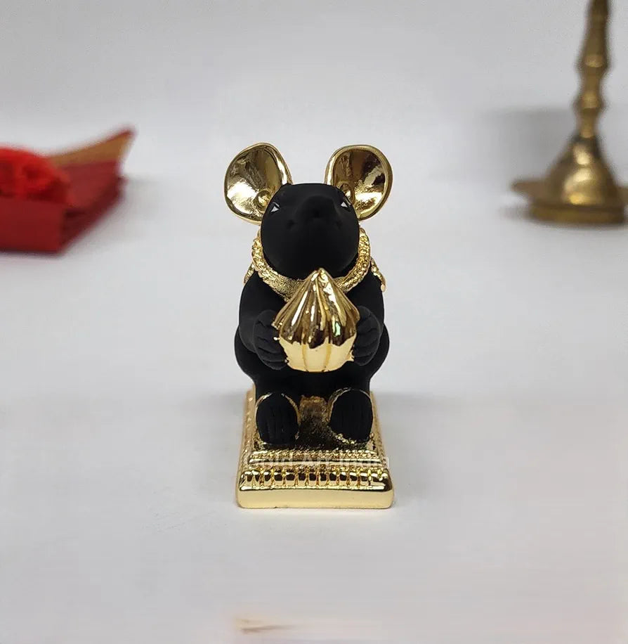 Gold Art India Gold-Plated Mushak  Mouse with Modak Black Terracotta Finish