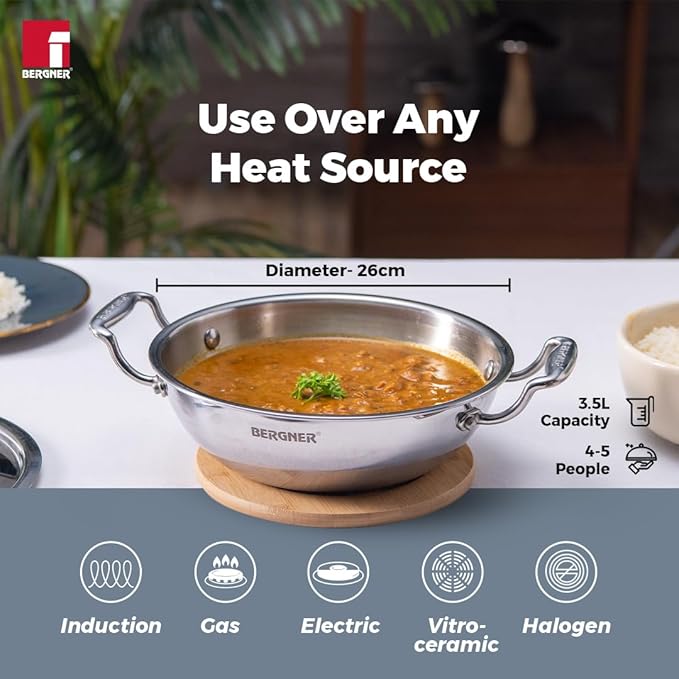 Bergner Argent Triply Stainless Steel 26cm Kadai With Stainless Steel Lid | 3.5 Liters Kadhai