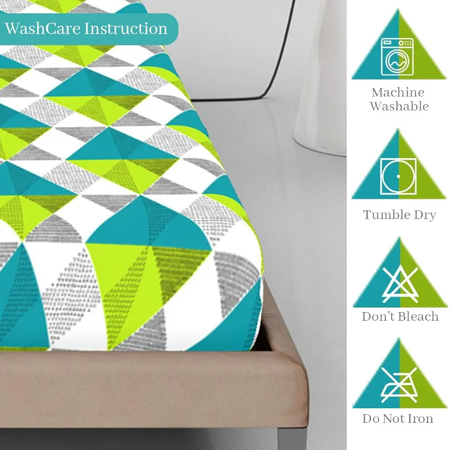 Divine Casa Green and Blue Abstarct Zig Zag Dual Print Pattern 120 TC Glace Cotton Elastic Fitted Printed Queen Size Double Bed Bedsheet with 2 Pillow Cover Love Bird