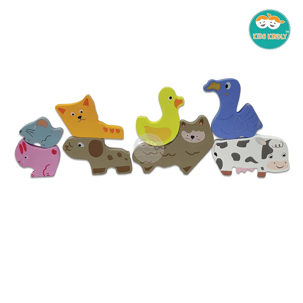 KIDS KINDLY Wooden Stacking & Sorting Puzzle – Farm Animals Theme, Jigsaw Puzzles, Wooden Toys for Kids, Age 3+