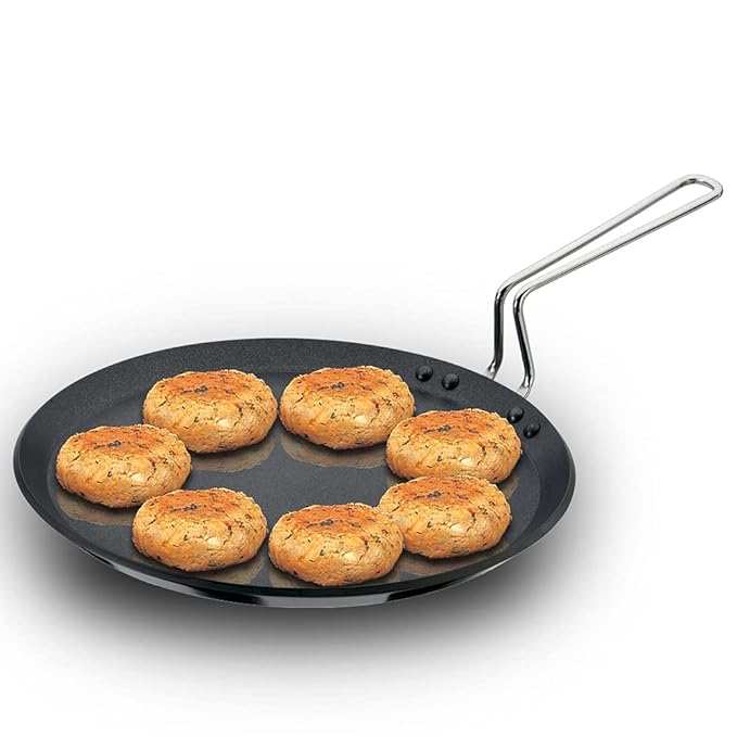 Hawkins Futura Nonstick Flat Tava Stainless Steel Handle,Tawa with Rim, Pancake Pan Flat Pan Black