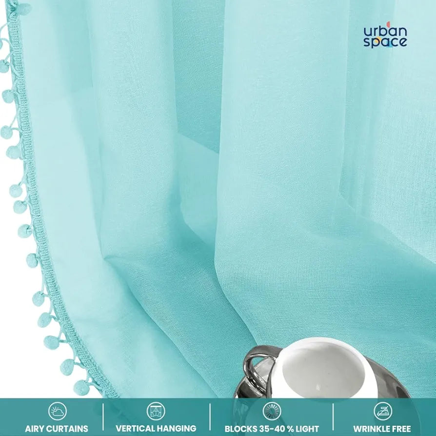 Urban Space Linen Textured Sheer Curtains for Door 7 feet, Curtains for Living Room with Eyelets, Set of 2 Sheer Decorative Curtains Aqua Blue