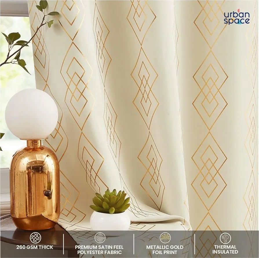 Urban Space Blackout Curtains for Living Room, Gold Foil Printed Luxurious Blackout Decorative Curtains 1 Piece Diamond Beige
