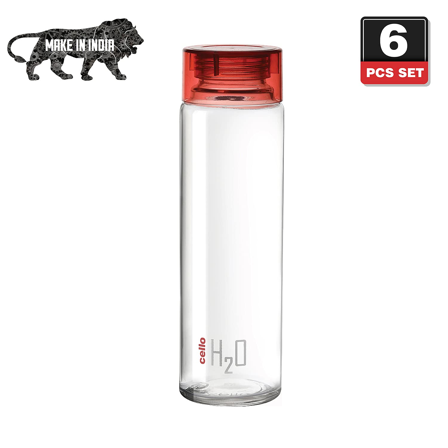 Cello H2o Glass Fridge Water Bottle With Plastic Cap | 920 Ml | Set of 6 | Red