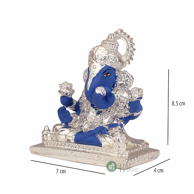 Indicast Lord Ganesha Idol Silver Plated Murti for Good Luck & Success Figurine for Office Home Decor & Gifts | Blue