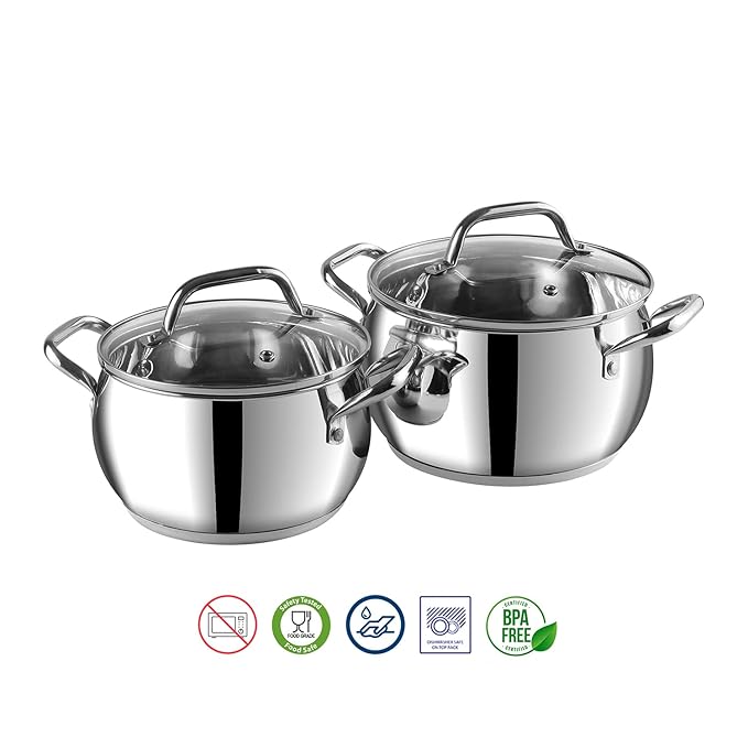 Vinod Stainless Steel 2 Piece Almaty Sauce Pot With Glass Lid | Diameter 14 & 16 Cm | Capacity 1.3 & 2 Litres