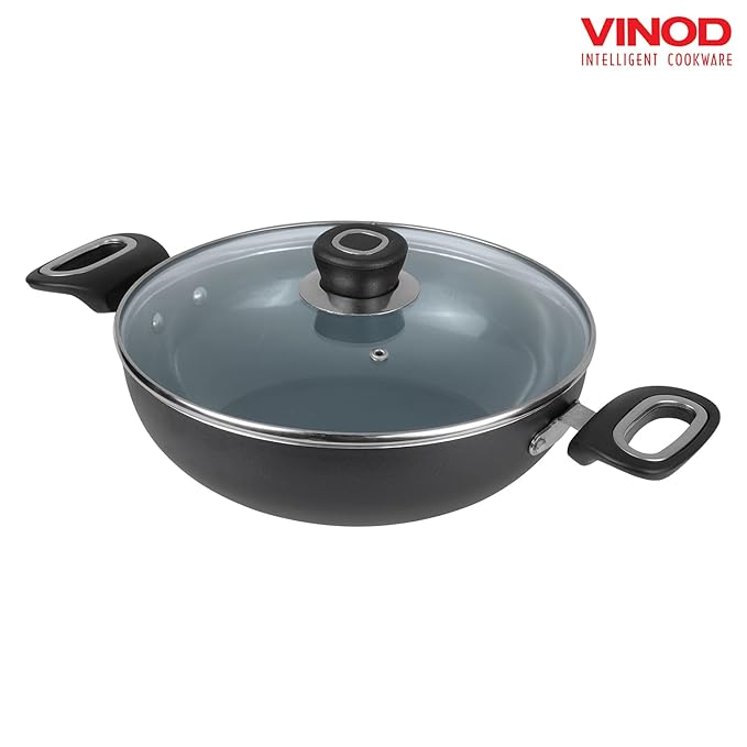 Vinod Zest Ceramica Kadai with Glass Lid - 2.5 Litre (24 cm) | Natural Stick Free Deep Kadhai | Stylish Handle