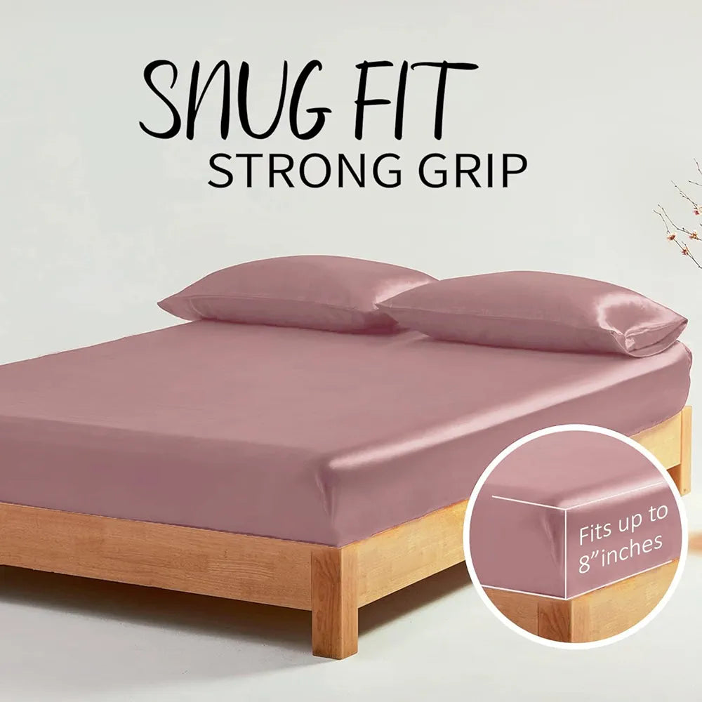 Cloth Fusion Satin Elastic Fitted Bedsheets Double Bed with 2 Pillow Covers H603 280 TC Rose Gold